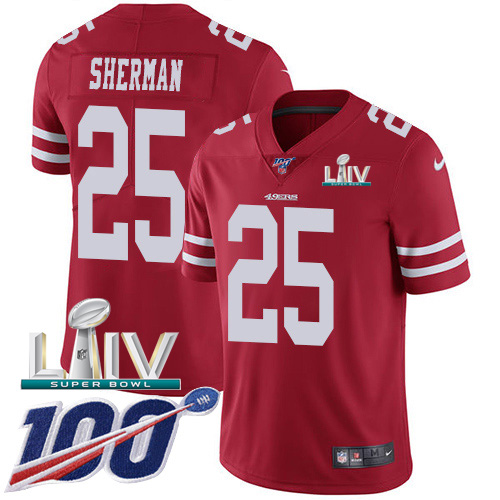 San Francisco 49ers Nike #25 Richard Sherman Red Super Bowl LIV 2020 Team Color Youth Stitched NFL 100th Season Vapor Limited Jersey